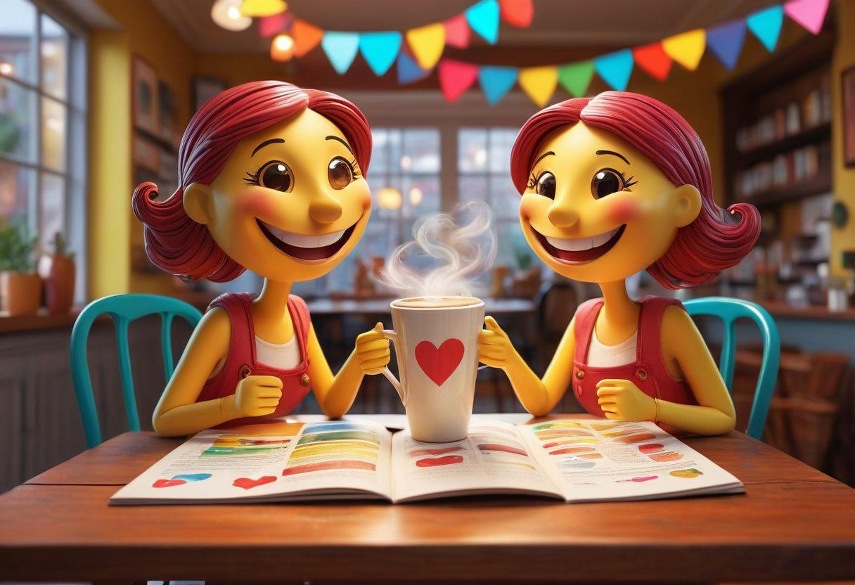 A whimsical scene depicting a couple sharing a hearty laugh over coffee at a sunny café, with playful cartoonish hearts floating around them. Include elements like a colorful table filled with light-hearted joke books, and a background filled with laughter-themed decorations. The atmosphere should be vibrant and cheerful, embodying joy and romance. cartoon style. bright colors. charming details.
