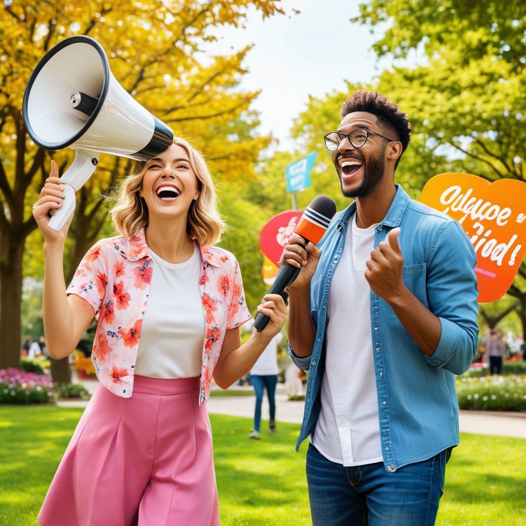 A playful scene depicting a couple laughing together in a vibrant park, surrounded by colorful marketing materials like quirky flyers and cheerful banners promoting 'Girlfriend Promotions'. The woman playfully holds a megaphone, while the man is dressed in a funny marketing costume, showcasing charm and humor. Bright sunshine and blooming flowers add an uplifting atmosphere. cartoon style. vibrant colors. white background.