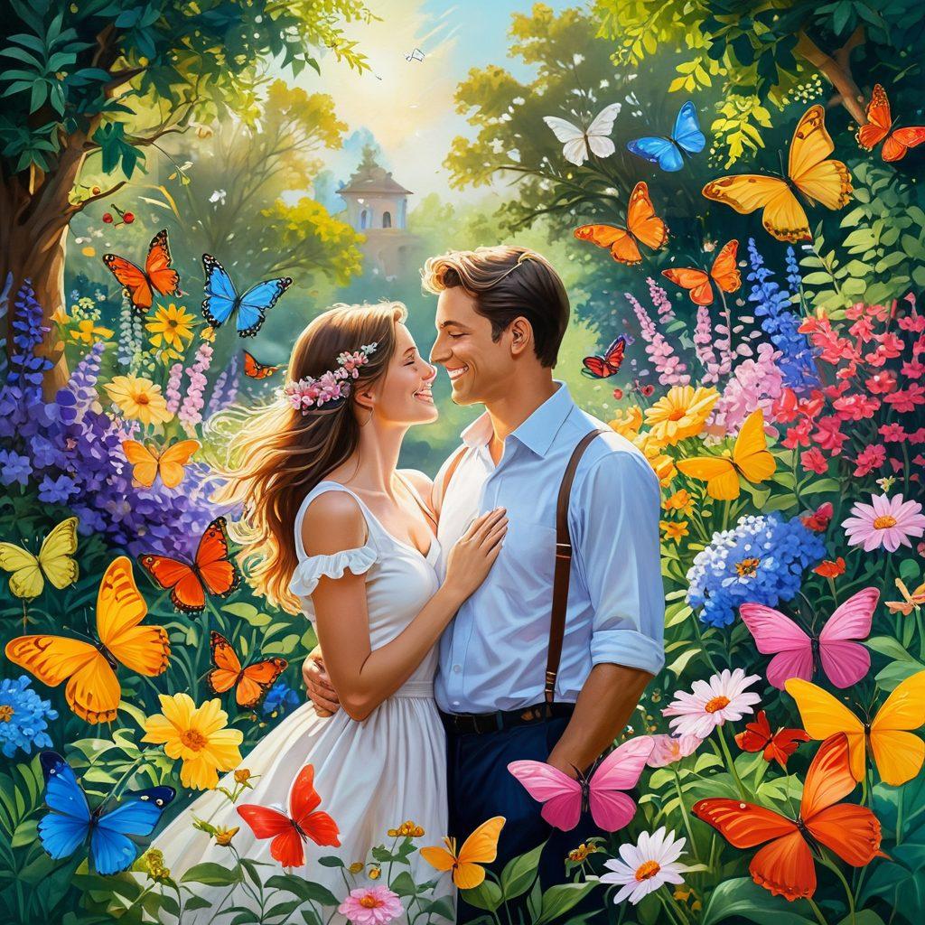 A whimsical scene of a couple sharing a joyful moment in a lush, romantic garden filled with colorful flowers. Incorporate elements of laughter, like playful butterflies dancing around them and gentle sunlight illuminating their smiles. Add subtle hints of heart shapes in the background to symbolize love. Utilize vibrant colors to evoke warmth and happiness. painting. vibrant colors.